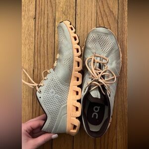 On Running Shoes in Gray and peach